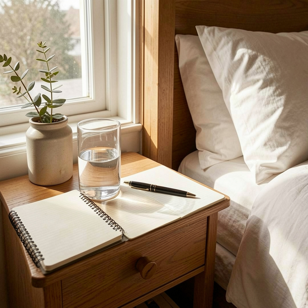 Morning routine setup with natural light, water glass, and journal on bedside table